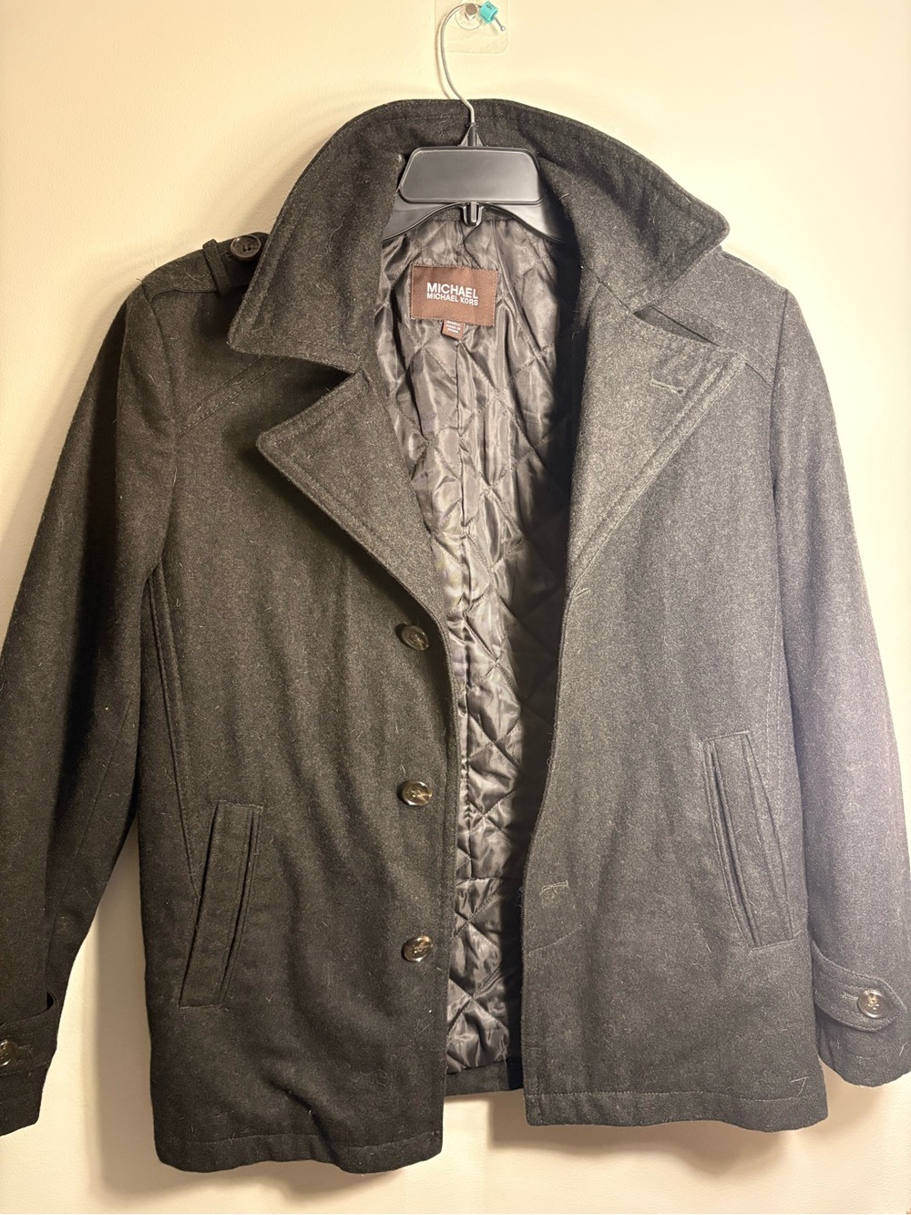 Michael Kors Men's Dark Gray Wool Pea Coat with Quilted Lining